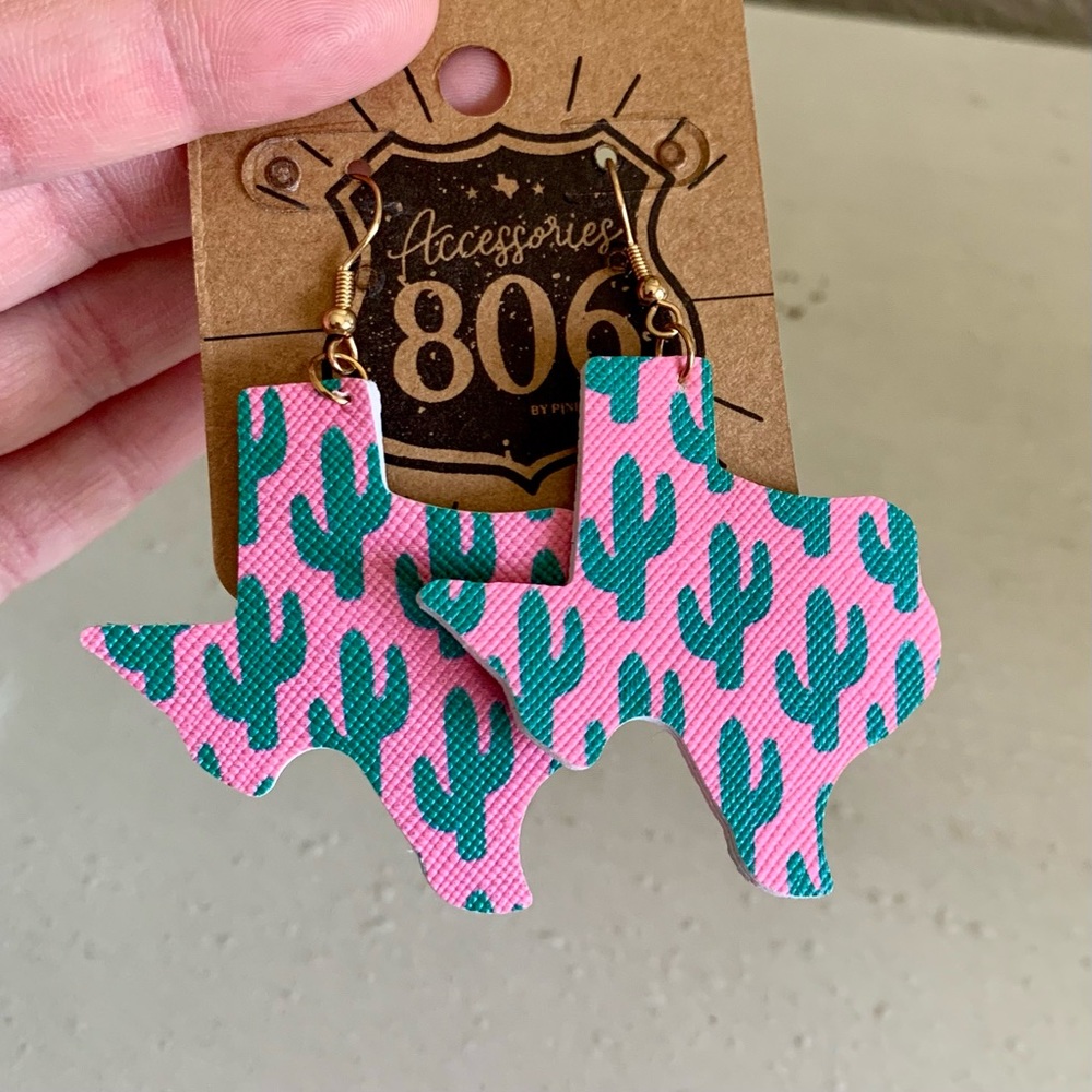 Texas Cactus Earrings (never worn) faux leather
